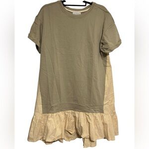 Hayden Los Angeles Mixed Media T-Shirt Dress Olive Green & Striped Ruffle Hem L